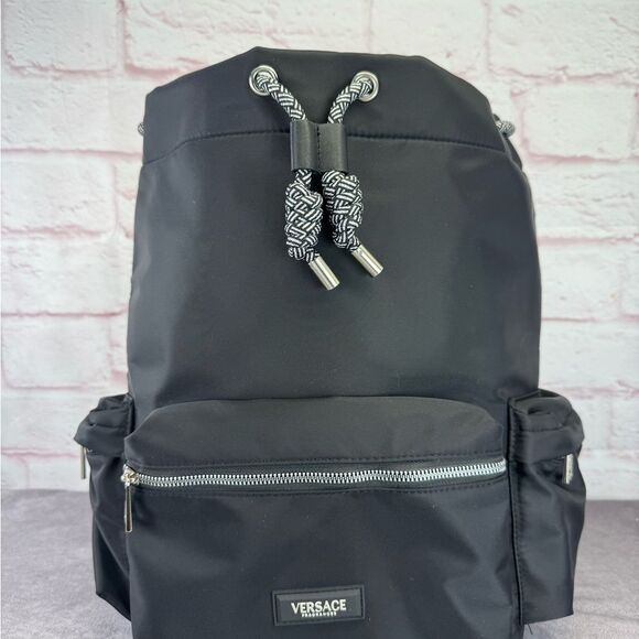 Versace Perfume Black Nylon Backpack with Silver Accents - Picture 2 of 9